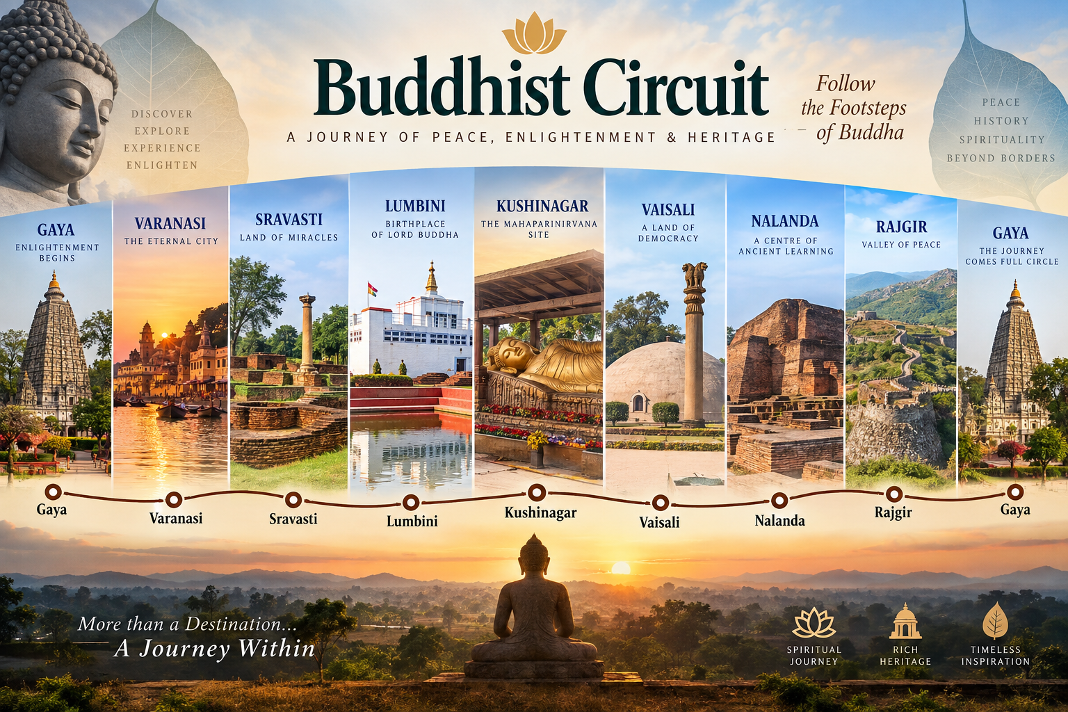 Gaya- Varanasi  - Sravasti -Lumbini - Kushinagar - Vaisali - Nalanda -Rajgir - Gaya
